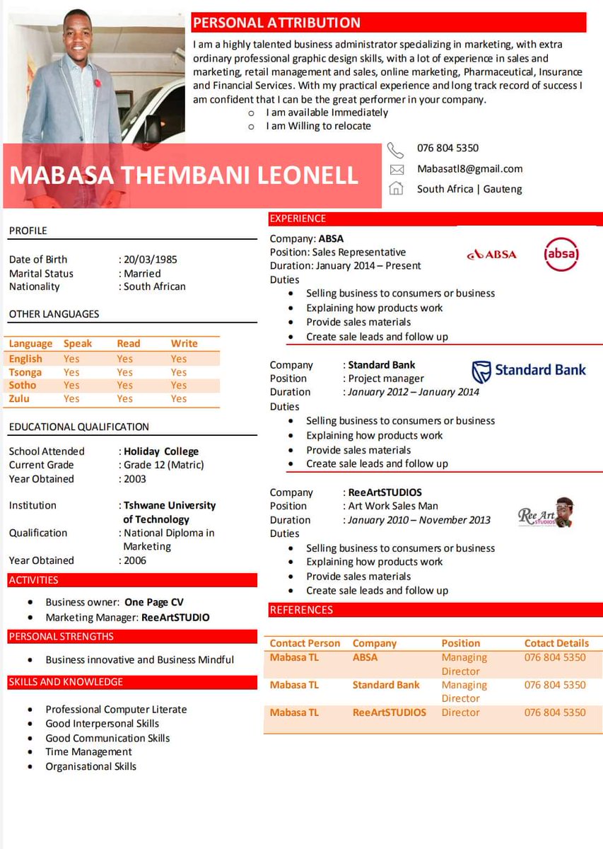 MabasaLeonell's tweet photo. @Tumi_Axe Hi โบ๏ธ my name is Thembani Leonell Mabasa
And I can revamp CVs with #QRscan or without... For only R50.00
Attached are just made up CVs for advertising and charity help line for #HelpPapaRethabile
Contact me on
Whatsapp +27768045350
Email :mabasatl8@gmail.com https://t.co/b0sPYlBuIp