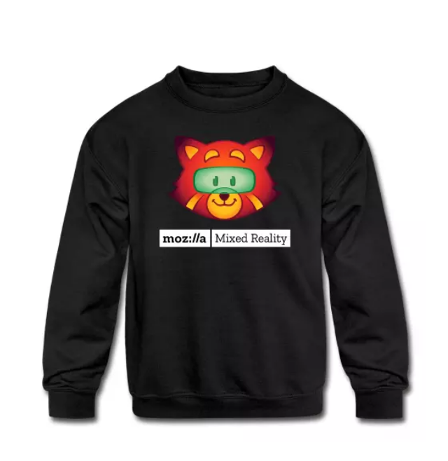 Black sweatshirt with orange Mozilla Mixed Reality fox logo