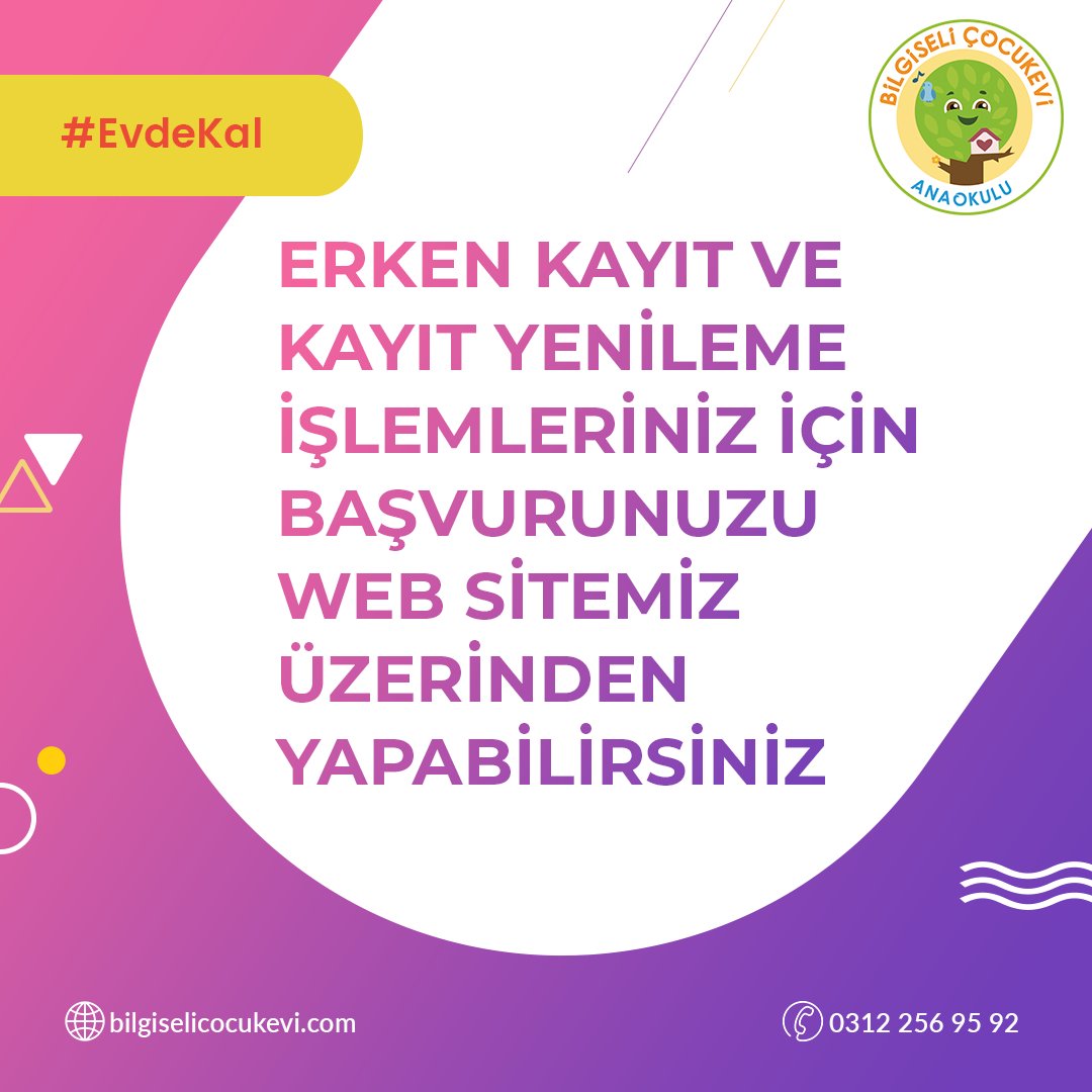 Bilgiseli Anaokulu'nda eğitim almasını istediğiniz çocuklarınız için erken kayıt ve kayıt yenileme işlemleri sürecinde sağlığa öncelik veriyoruz. Bunun için evden kayıt başvurunuzu linke tıklayıp kolayca gerçekleştirebilirsiniz. 
bilgiselicocukevi.com/online-kayit/
