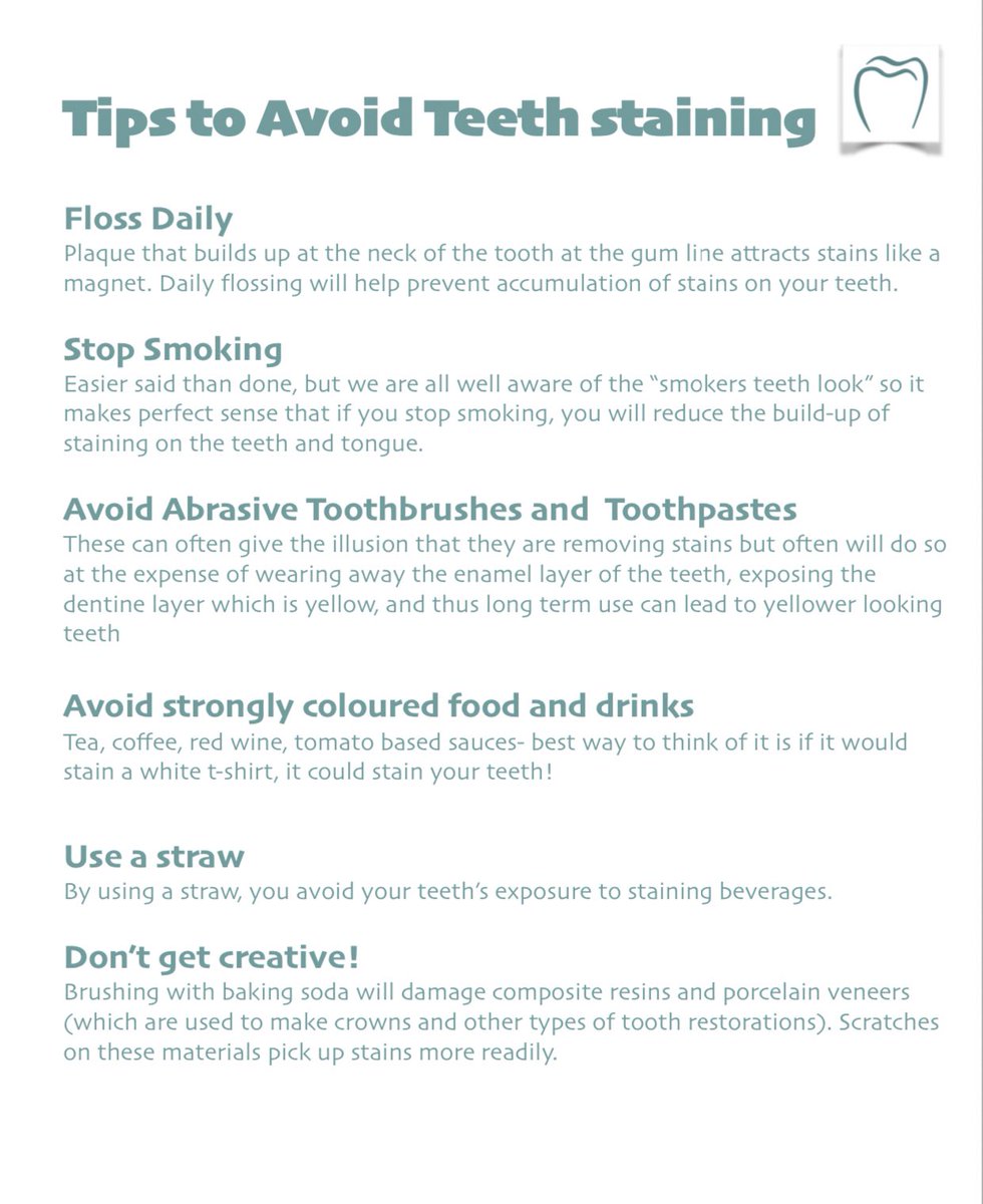 sheldentclinic's tweet photo. If your routine scale and polish has had to be postponed, here are a few tips to help prevent staining build up on your teeth in the meantime! #dentist #dublindentist #teethstaining #oralhygiene #dentalhygienist https://t.co/BNQ01jtYbN