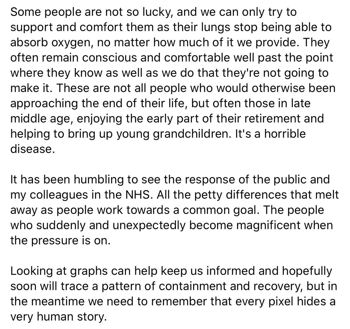 theiaincameron's tweet photo. In case anyone wants to know what it’s like working as a doctor in a hospital with many Covid-19 patients, here is an update today from my brother. A bittersweet short story. https://t.co/tmpLhFAe1Z