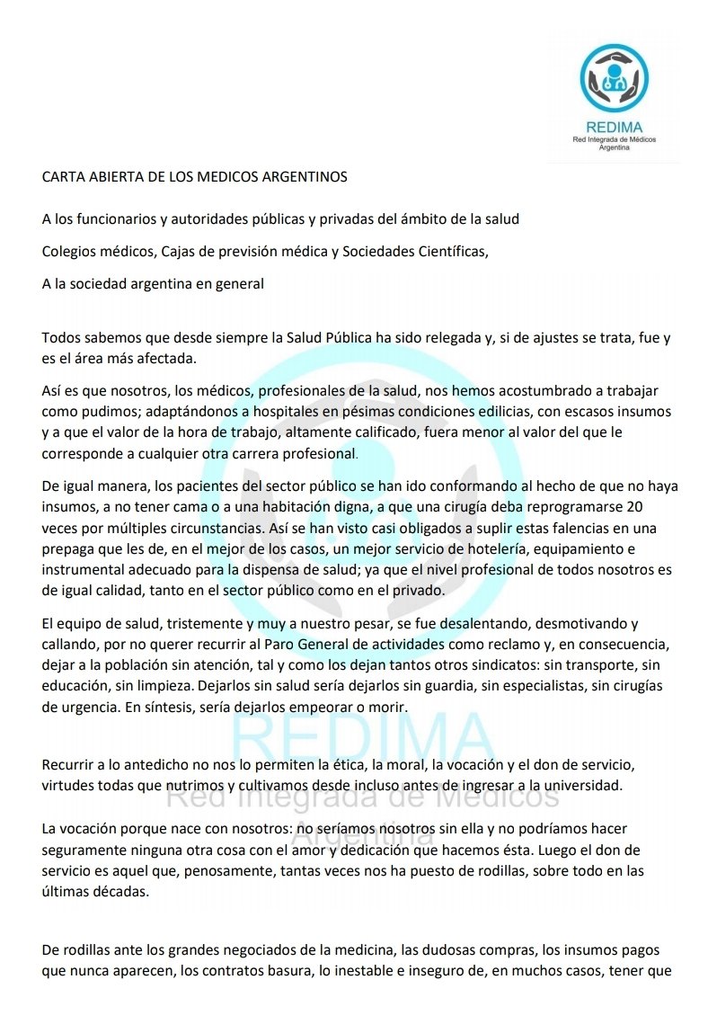 redimaoficialok's tweet photo. Carta Abierta de los MEDICOS ARGENTINOS a funcionarios y autoridades públicas y privadas del ámbito de la salud, Colegios médicos, Cajas de previsión médica, Sociedades Científicas y sociedad argentina en general.
#lasaludesprioridad #cuidemosalosquenoscuidan #médicosprecarizados https://t.co/l1p3IG4ilu