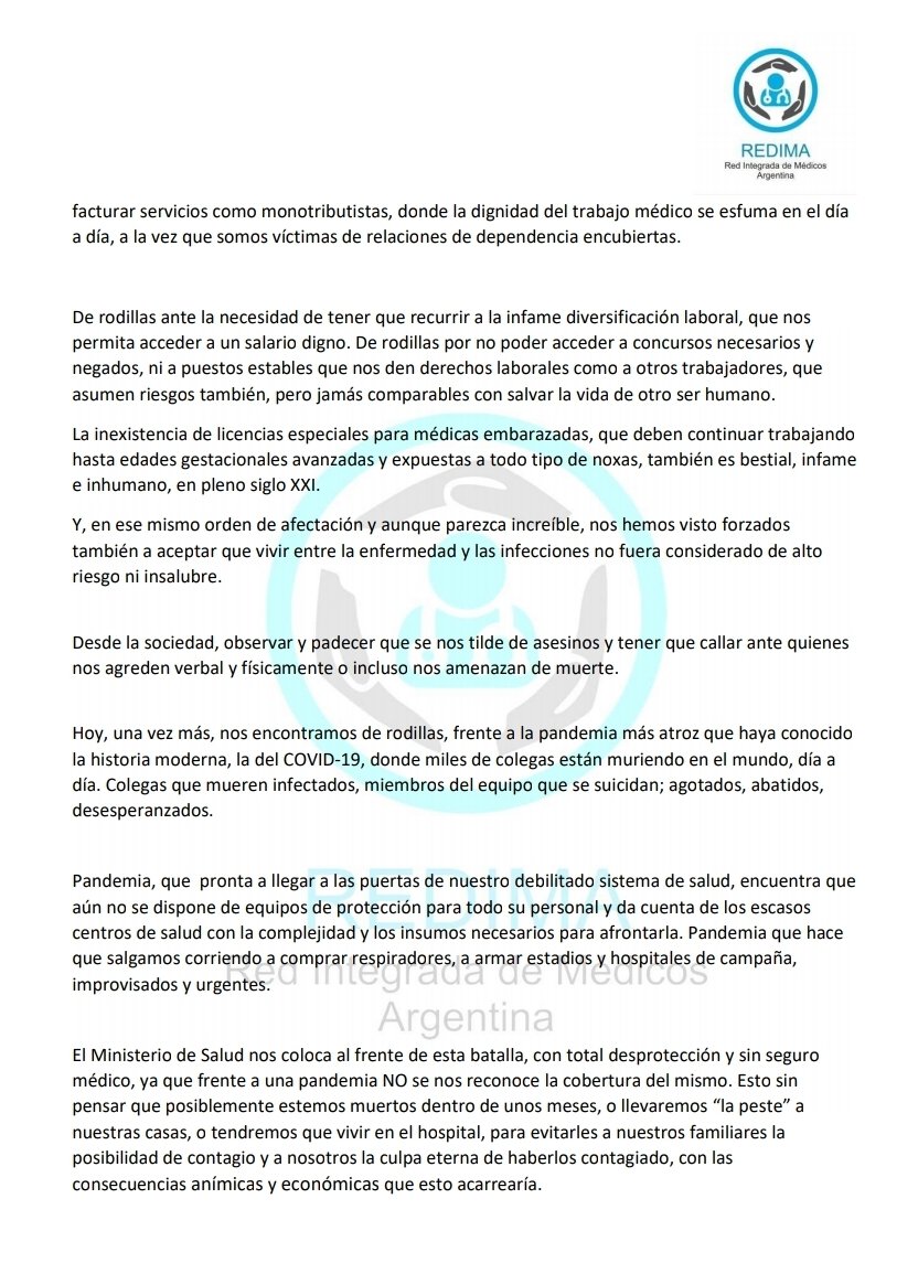 redimaoficialok's tweet photo. Carta Abierta de los MEDICOS ARGENTINOS a funcionarios y autoridades públicas y privadas del ámbito de la salud, Colegios médicos, Cajas de previsión médica, Sociedades Científicas y sociedad argentina en general.
#lasaludesprioridad #cuidemosalosquenoscuidan #médicosprecarizados https://t.co/l1p3IG4ilu