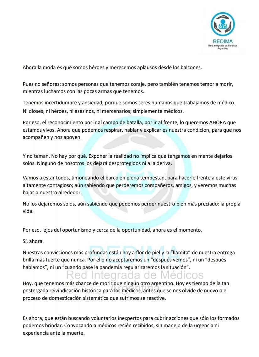 redimaoficialok's tweet photo. Carta Abierta de los MEDICOS ARGENTINOS a funcionarios y autoridades públicas y privadas del ámbito de la salud, Colegios médicos, Cajas de previsión médica, Sociedades Científicas y sociedad argentina en general.
#lasaludesprioridad #cuidemosalosquenoscuidan #médicosprecarizados https://t.co/l1p3IG4ilu