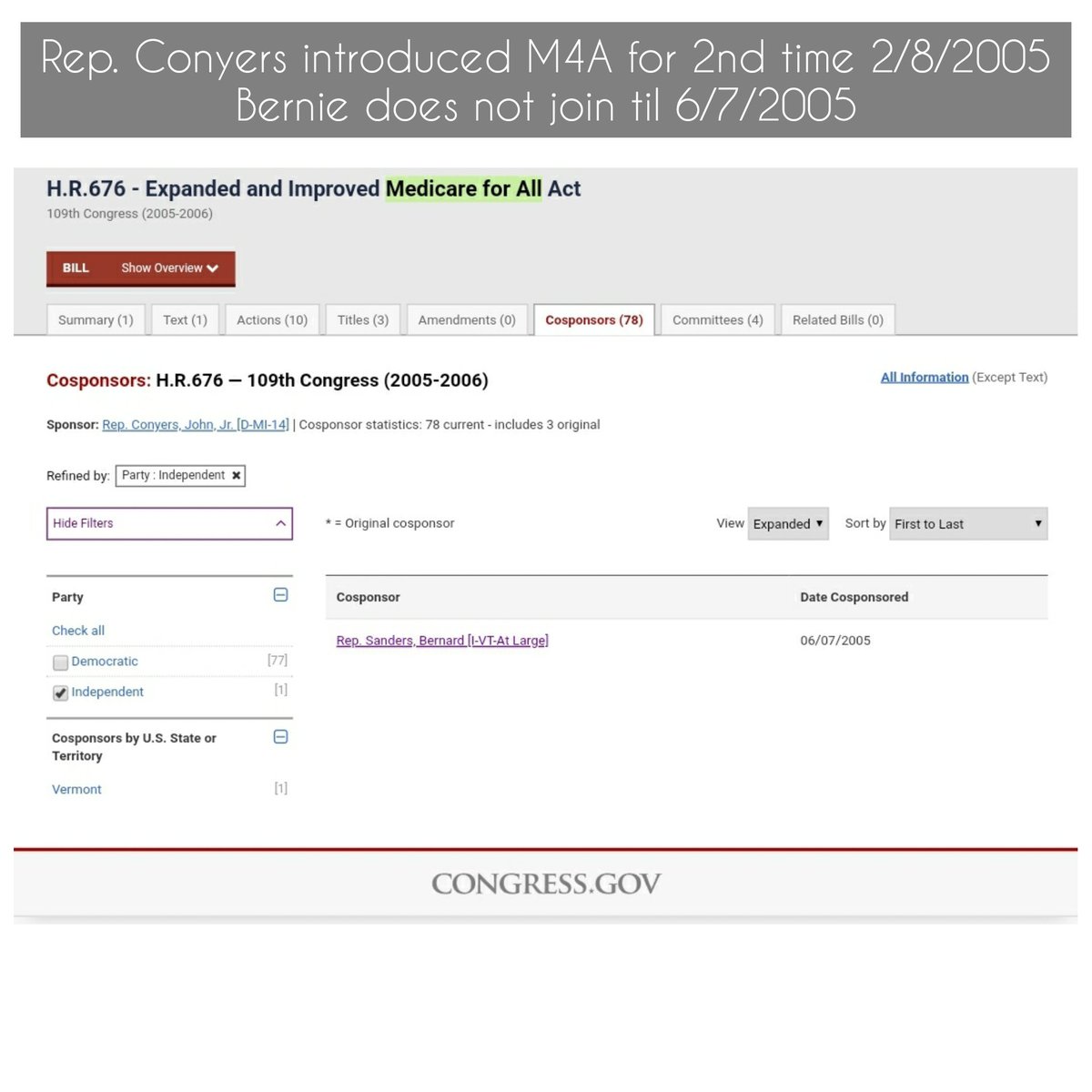 PS- Receipts. Rep. John Conyers was FIRST to introduce M4A in Congress 2/11/2003. Each time M4A was introduced Bernie Sanders was LATE or ABSENT. Rep. Conyers is the Congressional Godfather of M4A; Bernie is just the Christopher Columbus happy to plant the flag & take credit.