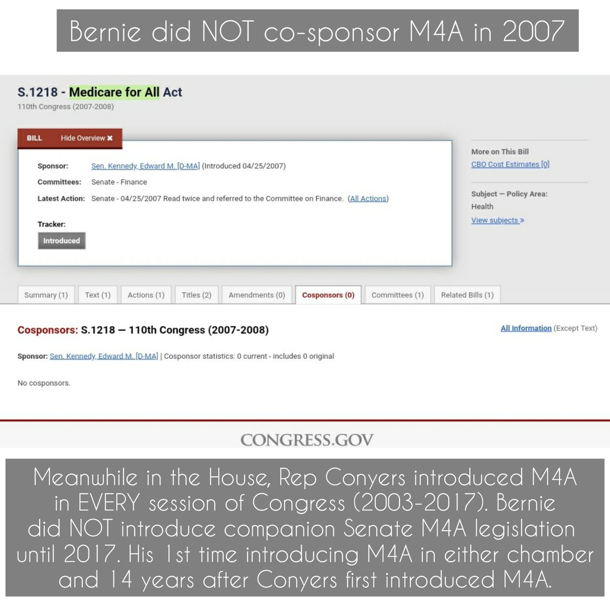 PS- Receipts. Rep. John Conyers was FIRST to introduce M4A in Congress 2/11/2003. Each time M4A was introduced Bernie Sanders was LATE or ABSENT. Rep. Conyers is the Congressional Godfather of M4A; Bernie is just the Christopher Columbus happy to plant the flag & take credit.