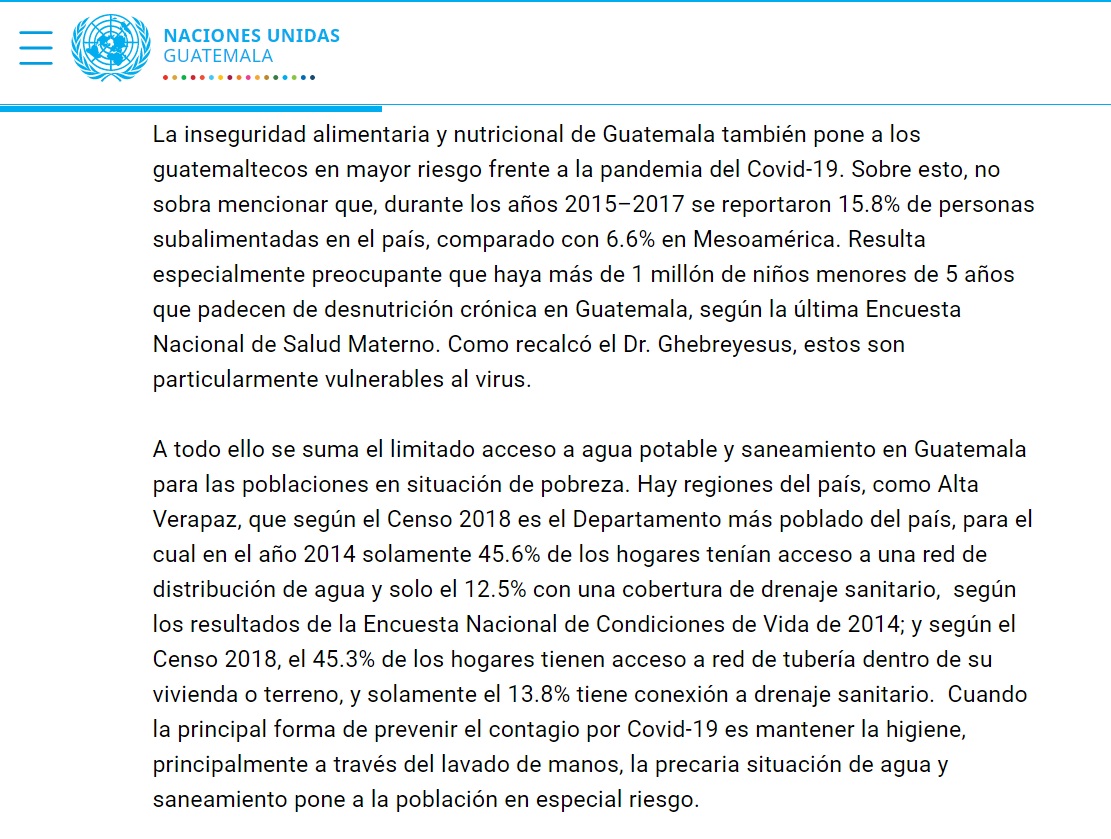 #Urgente | La Coordinadora Naciones Unidas en Guatemala, Rebeca Arias, advierte que Guatemala es un país extremadamente vulnerable al #Covid19gt debido a la escasa inversión en salud, la inseguridad alimentaria y nutricional, el limitado acceso a agua potable y saneamiento.