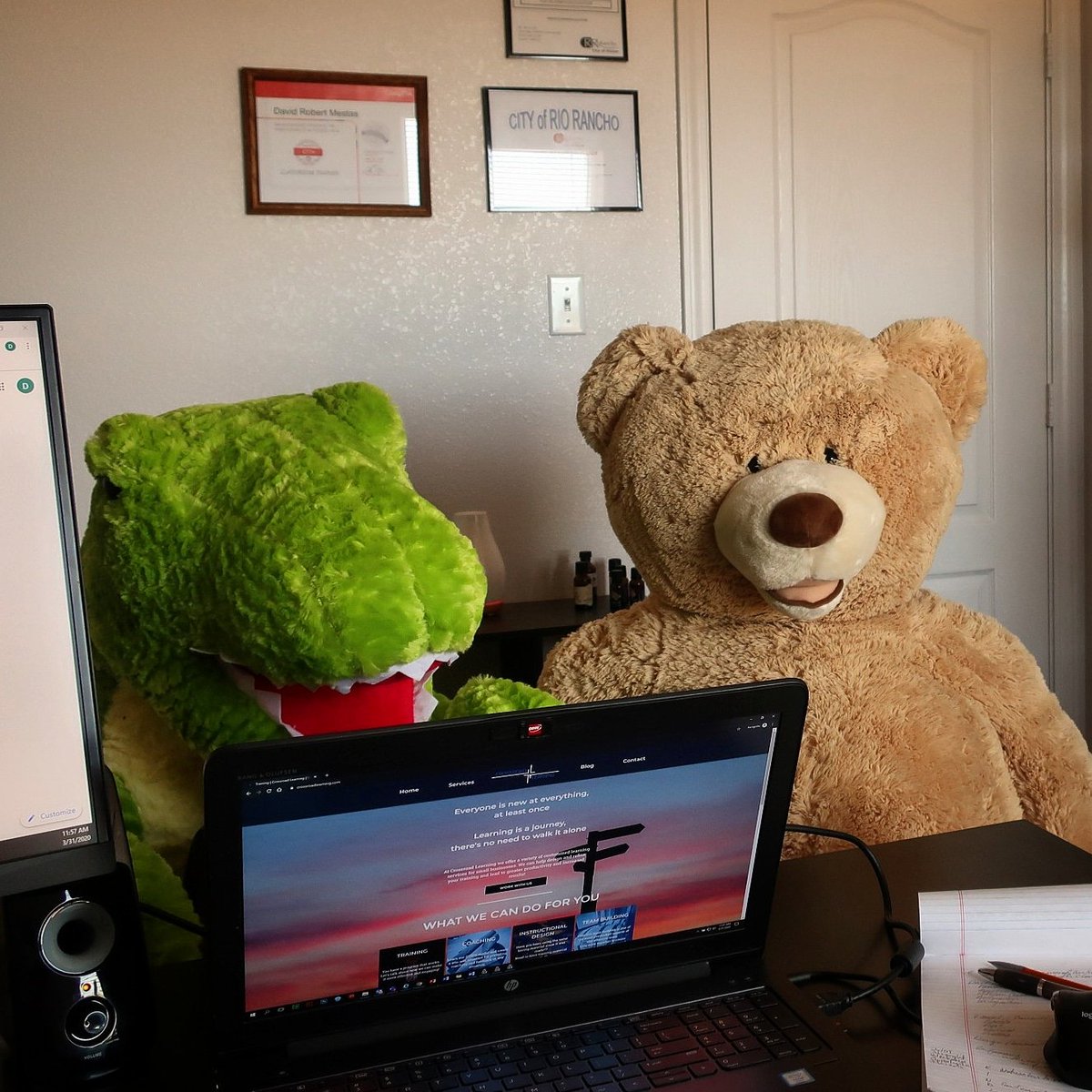 CrossroadLearn's tweet photo. These are my office mates while I work from home in my home office;
Office Bear, and Green Randy.
How are you working from home?
Stay safe everyone.
#makelearningmatter #crossroadlearning #trainerlife #workfromhome #officefurniture https://t.co/zk0NidbsqA