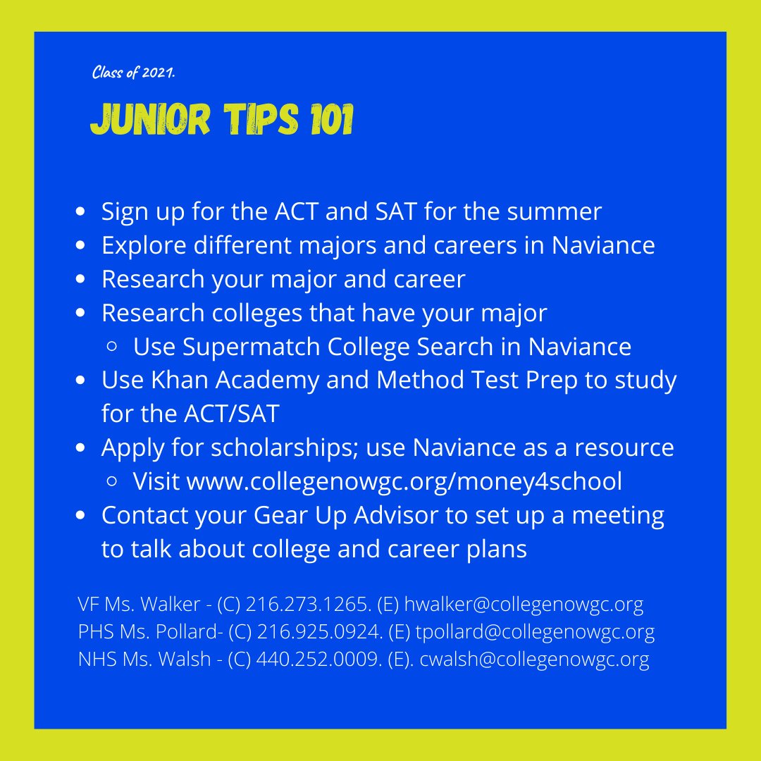 GearUp_Parma's tweet photo. Class of 2021, here are some things you can be working on to prepare for college during your time social distancing. Email/text/call your GEAR UP Advisor to chat! #classof2021 #GearUPWorks #JuniorTips #getcollegeready https://t.co/n97kkNhiD9