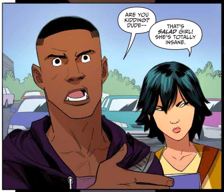 GO GO POWER RANGERS #2: The idea was: What if, when Kim meets the Ranger Teens for the first time, it's not friendly but hostile? Truth is, I don't think I actually knew what "Salad Girl" was referencing when I wrote this line so I had to trust my future self to figure it out.