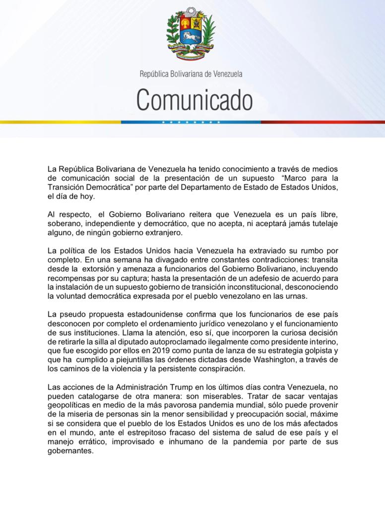jaarreaza's tweet photo. #COMUNICADO | Ante la pretensión del Departamento de Estado de EEUU de imponer en nuestro país una pseudo propuesta intervencionista de gobierno tutelado, el Gobierno Bolivariano reitera que Venezuela no acepta, ni aceptará jamás tutelaje alguno, de ningún gobierno extranjero. https://t.co/ITmImZdNWO