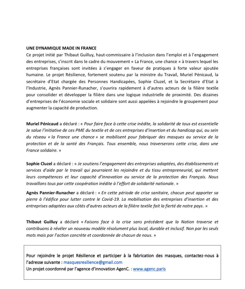 Produire en 🇫🇷 pour lutter contre le #COVID19 : je salue l’initiative des PME du textile et des entreprises d’insertion et du handicap qui se mobilisent pour fabriquer des masques pour la protection des Français #FranceUnie
<a href="/s_cluzel/">Sophie Cluzel 🇨🇵🇪🇺</a> <a href="/AgnesRunacher/">Agnès Pannier-Runacher 🇫🇷🇪🇺</a> <a href="/ThibautGuilluy/">Thibaut Guilluy</a>