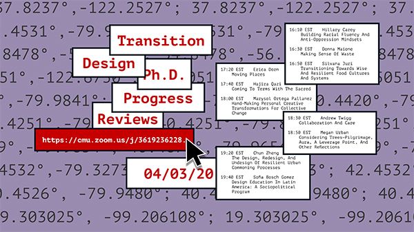 cmudesign's tweet photo. This Friday, April 3rd, you can join us online for our Transition Design PhD Progress reviews. Click the link for schedule info and how to log in to our public Zoom session! https://t.co/tQNQQ12mmy https://t.co/p0Y2H5rKbR