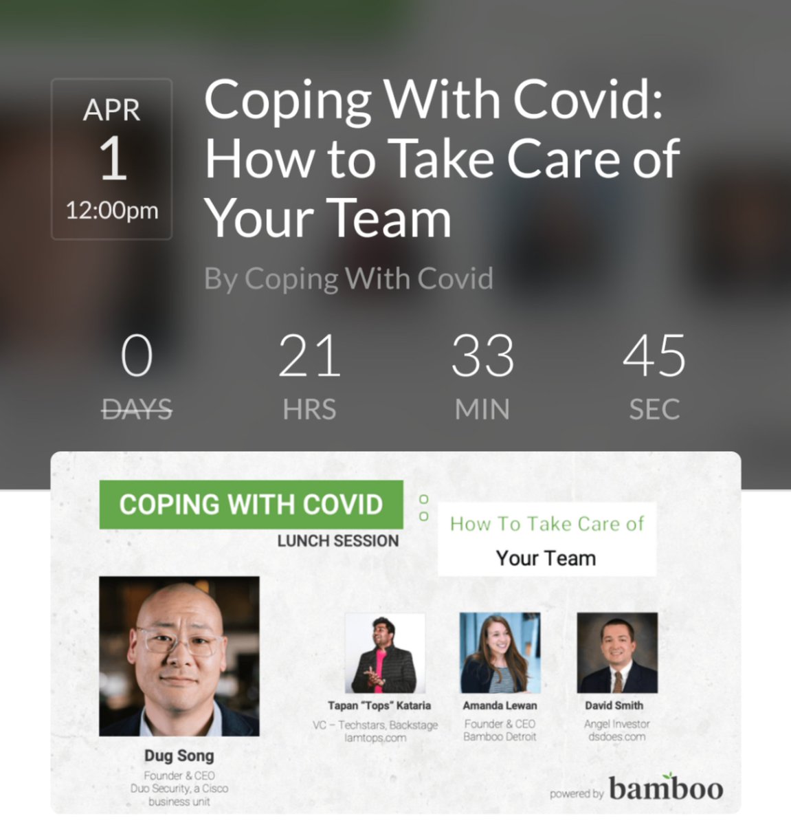 How do we take care of our team during this time of Crisis? Dug will share how Duo succeeded by taking care of people, tips for leaders and managers to take care of their team right now, and how to plan right now.
crowdcast.io/e/coping-with-…