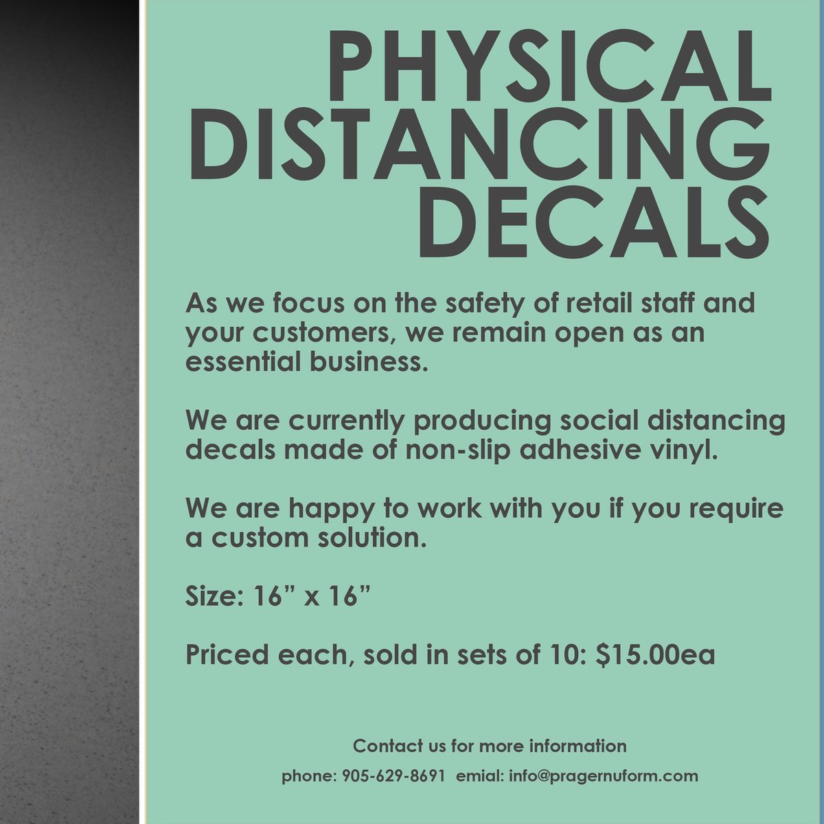 pragernuform's tweet photo. Safety is our number one priority. These easily removable, non-slip physical distancing decals allow your staff and customers to focus on properly distancing themselves to curb the spread of COVID-19. #socialdistancing #physicaldistancing #storefixtures #covıd19 #safetyfirst https://t.co/aaoVMAb2EJ