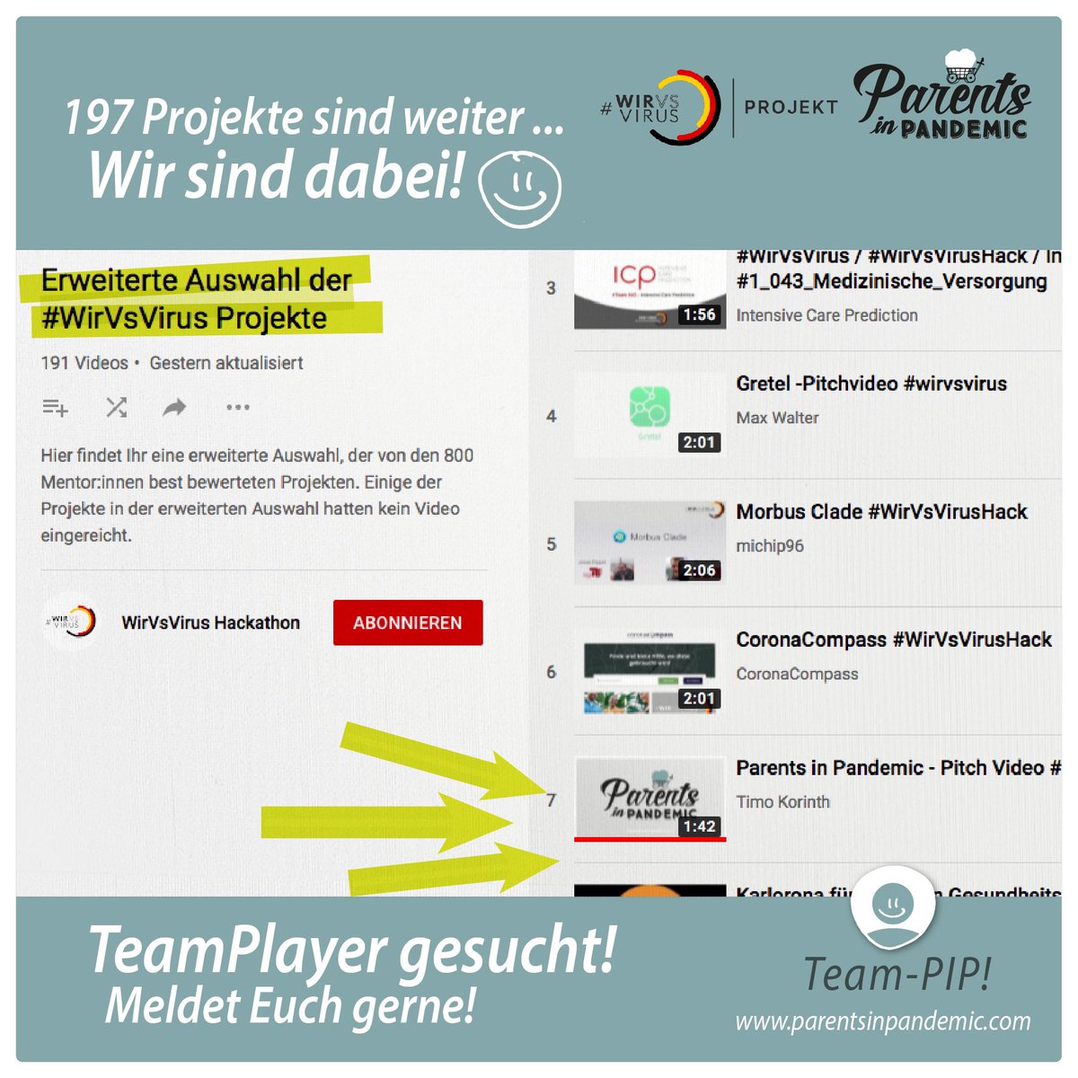 parentsinpanic's tweet image. Wir sind weiter! 🥳 Unter den 197 ausgewählten Projekten, von insg. 1.500 Pitches. Hammer! Stolz auf das Team! Nun heißt es Stufe 2! Förderung? Mentoren? Wer ist TEAM_PiP? Jede Hilfe zählt! 

#teamhelp #projectmanagement #leadership #mentor