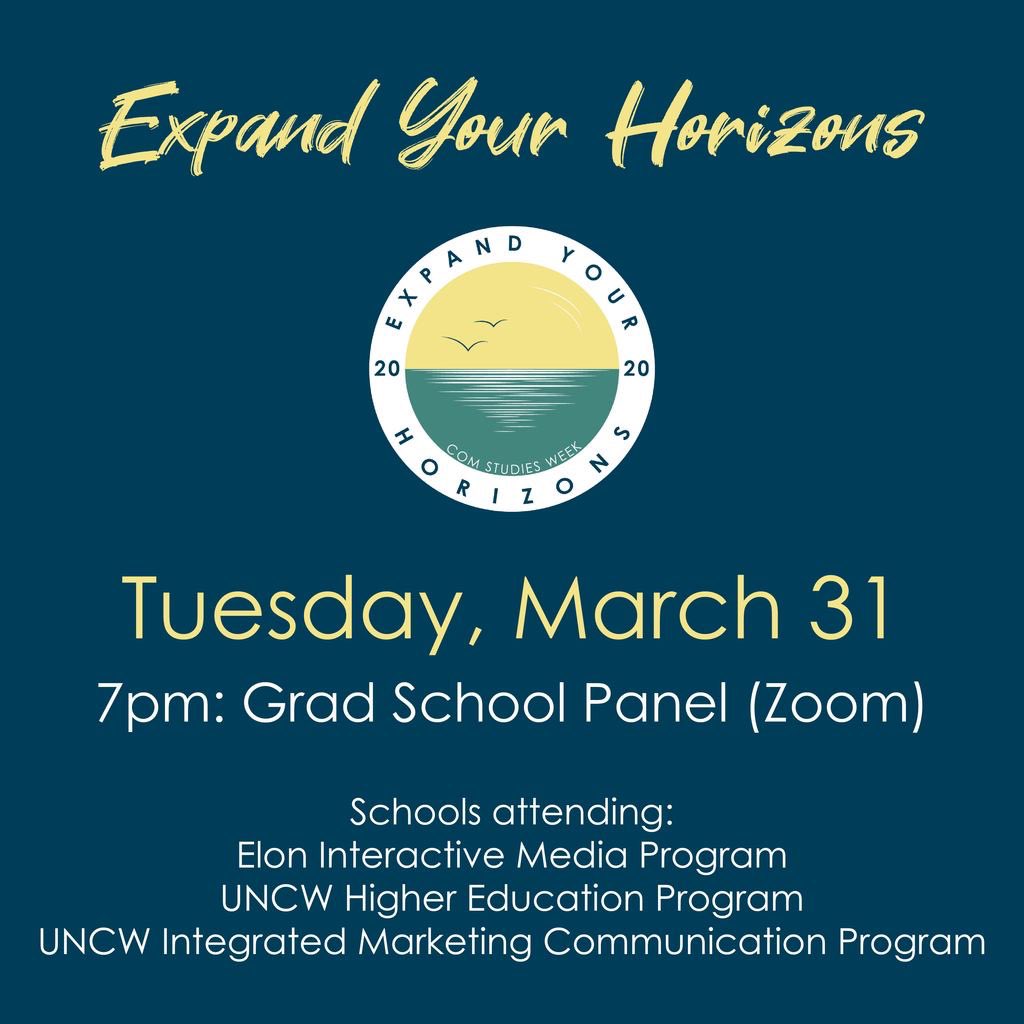 UNCWCOM's tweet photo. #COMStudiesWeek continues as we #ExpandOurHorizons with tonight’s Grad School Panel. 

Join us @ 7PM on Zoom https://t.co/D7UWVNVrm6