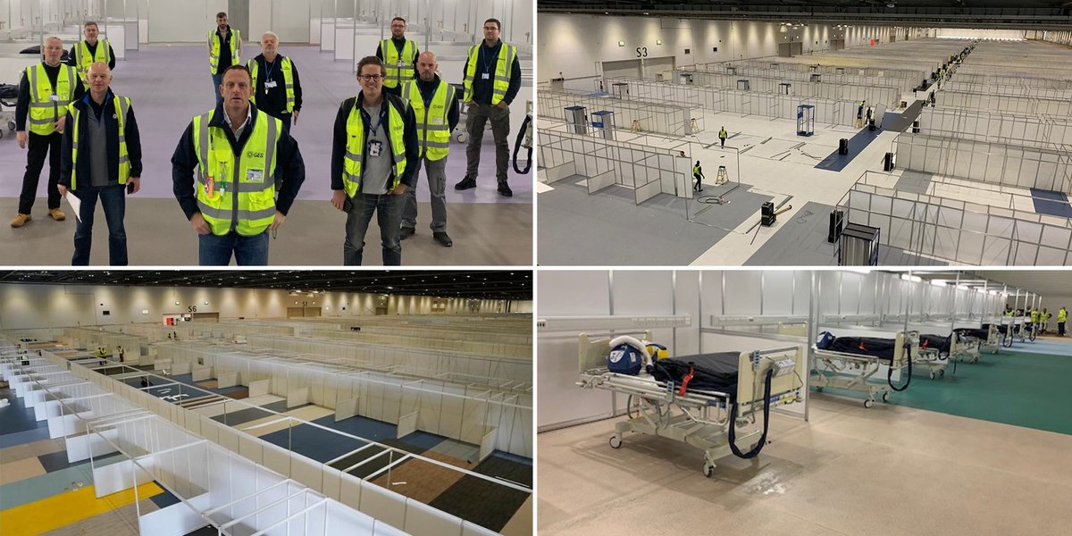 GES_EMEA's tweet photo. GES, along with @Blitz and partners, is honoured to help the NHS convert the ExCeL London venue into NHS Nightingale Hospital. This key temporary facility took 38,000 man hours + 9 days to create a rapidly assembled complex environment for 3,700 patient rooms. https://t.co/NyGHRtOopd