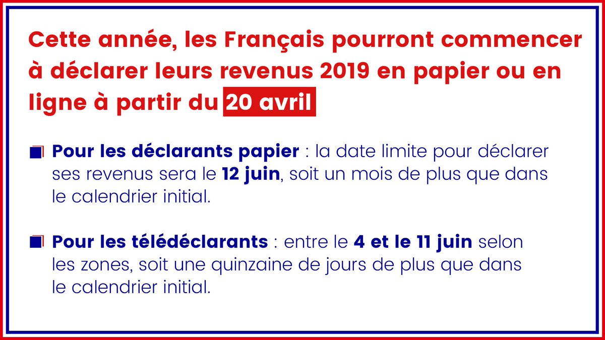 GDarmanin's tweet photo. Dans le contexte exceptionnel que nous connaissons, j’ai décidé de décaler de quelques semaines la période durant laquelle les Français pourront déclarer leurs revenus pour l’année 2019.
👉 Cette année, la déclaration de revenus 2019 se fera à partir du 20 avril. #JT20H https://t.co/Zl2agGUfyd