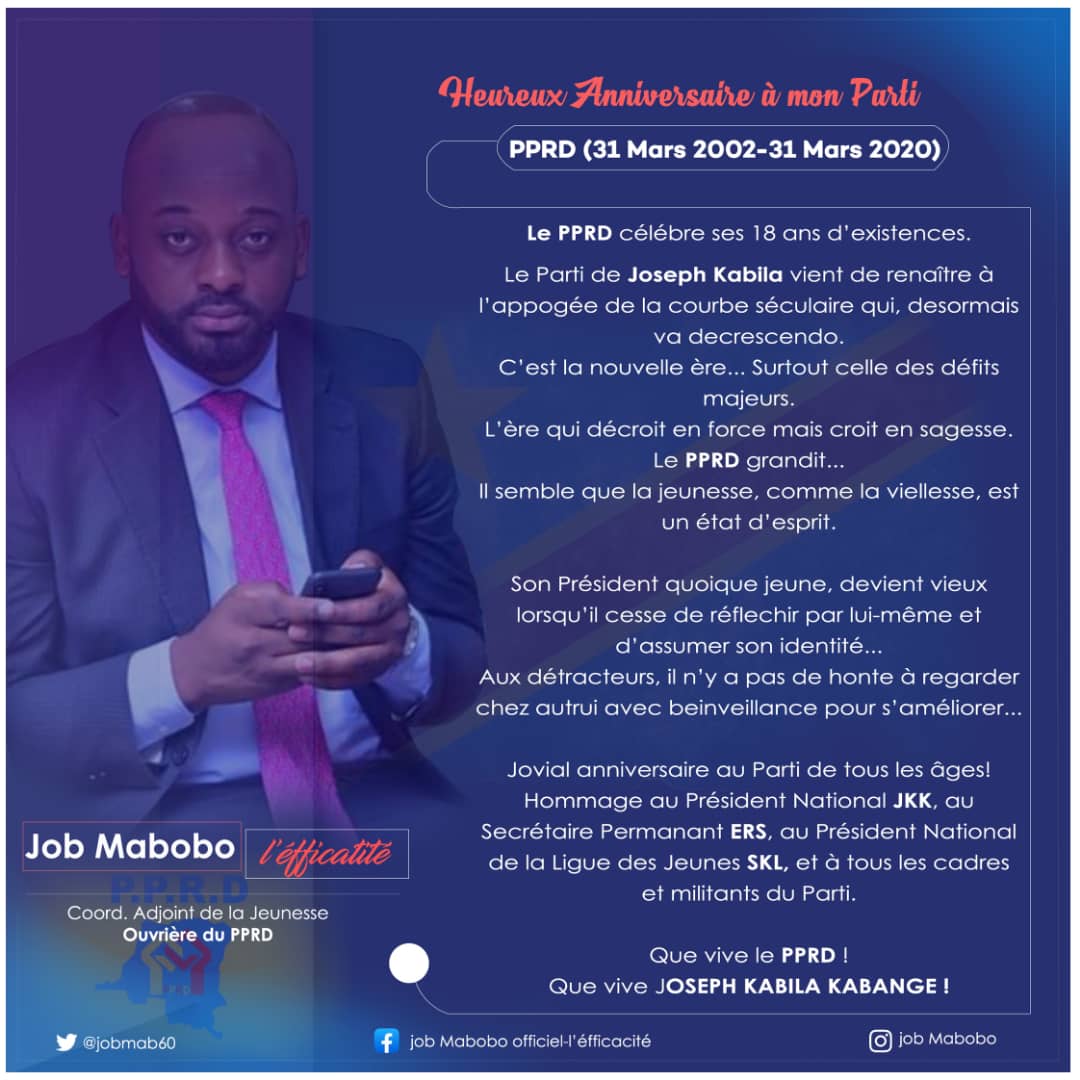 JClaverDJC's tweet photo. @RDC: #JobMabobo Anniversaire au parti du peuple pour la Reconstruction et la démocratie! Parti porte-étendard 🇨🇩💪🏿#
#31Mars2002
#31Mars2020
#18ans! @pprdofficiel @EmmanuelShadary @Adamchalwe @kikayabinkarubi @JPKambila @MikaSakombi @SergeLuabeya https://t.co/S0yFhM2Lcd