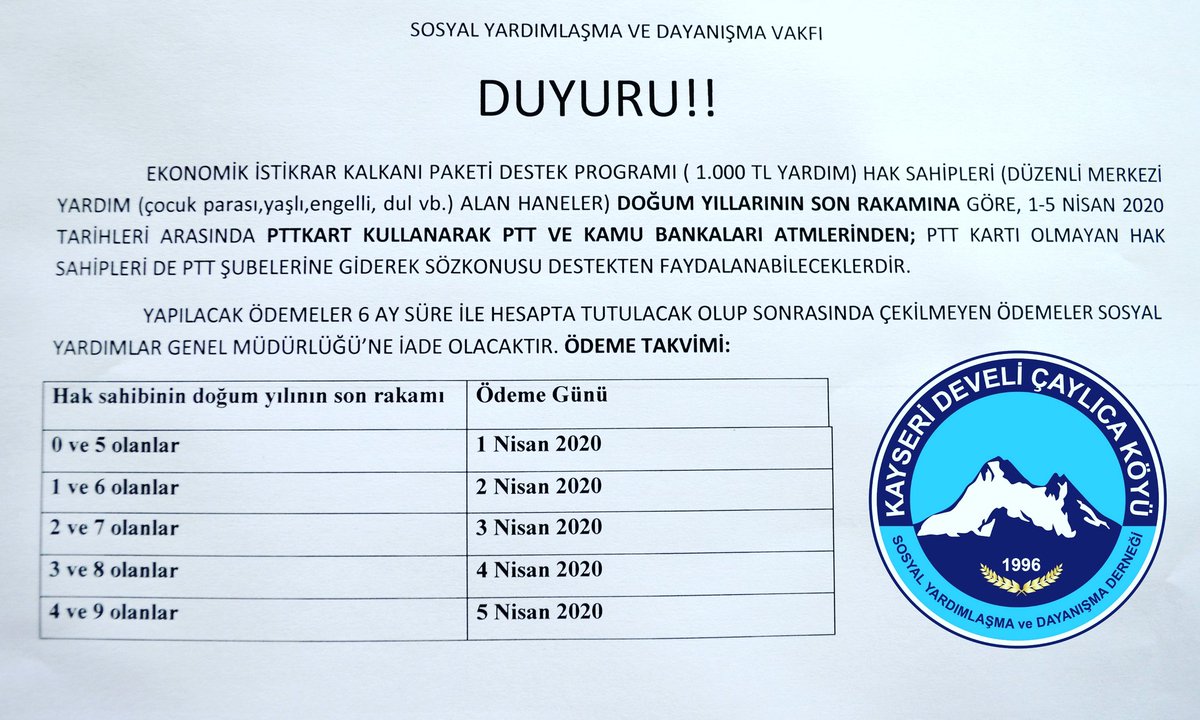 Caylicam38's tweet photo. BİLGİLENDİRME !!!

Koronavirüs tedbirleri kapsamında açıklanan yardım paketiyle, 1000 ₺'lik yardım yarın ödenmeye başlıyor. Detaylar görselde. https://t.co/HvC6XYy11D
