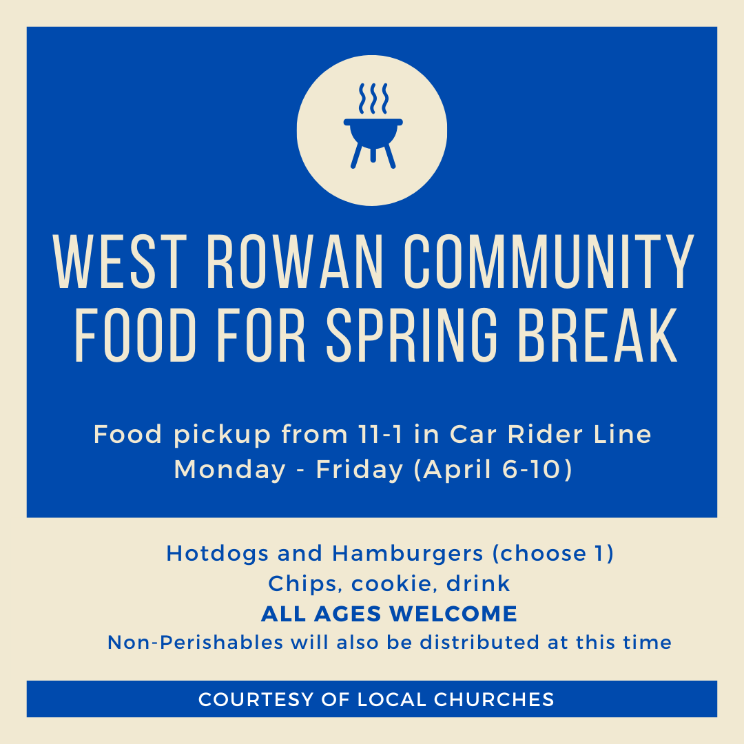 WRFalcon's tweet photo. Next week is Spring Break for RSS. Community churches are working together to bring meals to our community families. Pick up only between 11-1 from Monday to Friday. There will not be an evening pickup. Non-perishables will be provided during the 11-1 pickup. #falconfamily https://t.co/DCXg8UHRwh