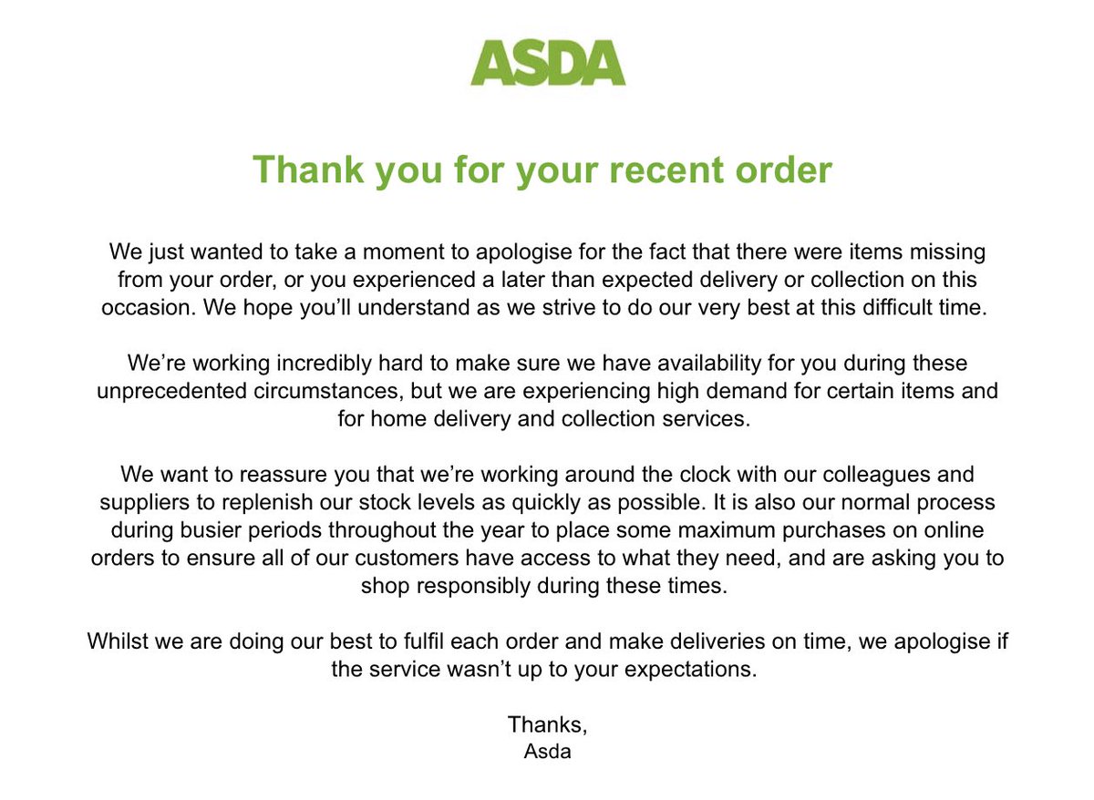 troi1979's tweet photo. @asda just received this email, you have no need to apologise! You are doing an amazing job! I deliberately turned off subs to prevent problems &amp; make things easier. collection staff were quick, smily and chatty! Keep up the amazing work and thanks to the staff at Benton! https://t.co/JtRoWCXKNr