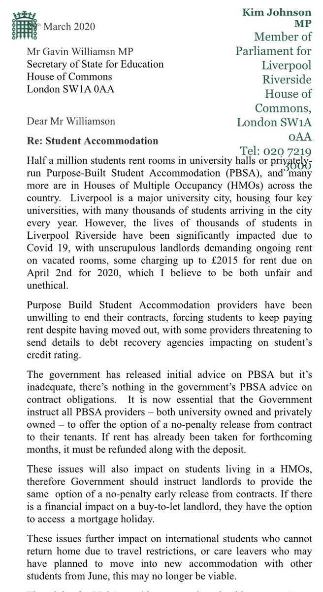 KimJohnsonMP's tweet photo. I have written to @GavinWilliamson and @ChrisPincher on behalf of students in my constituency. Private accommodation providers must be willing to consider early release from tenancy contracts. This will prevent students from facing further debt and anxiety during uncertain times. https://t.co/g0tgYres5a