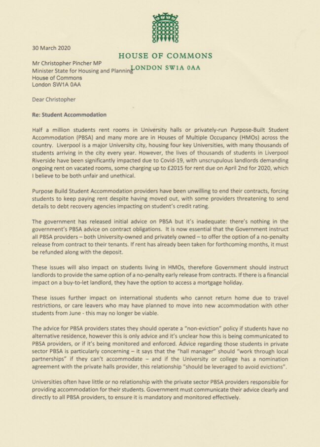 KimJohnsonMP's tweet photo. I have written to @GavinWilliamson and @ChrisPincher on behalf of students in my constituency. Private accommodation providers must be willing to consider early release from tenancy contracts. This will prevent students from facing further debt and anxiety during uncertain times. https://t.co/g0tgYres5a