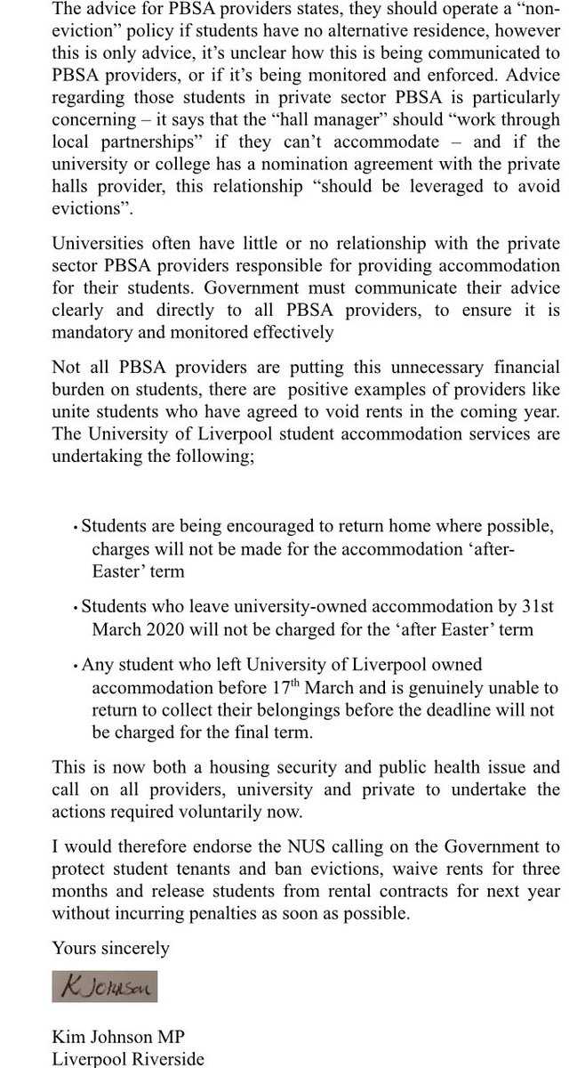 KimJohnsonMP's tweet photo. I have written to @GavinWilliamson and @ChrisPincher on behalf of students in my constituency. Private accommodation providers must be willing to consider early release from tenancy contracts. This will prevent students from facing further debt and anxiety during uncertain times. https://t.co/g0tgYres5a