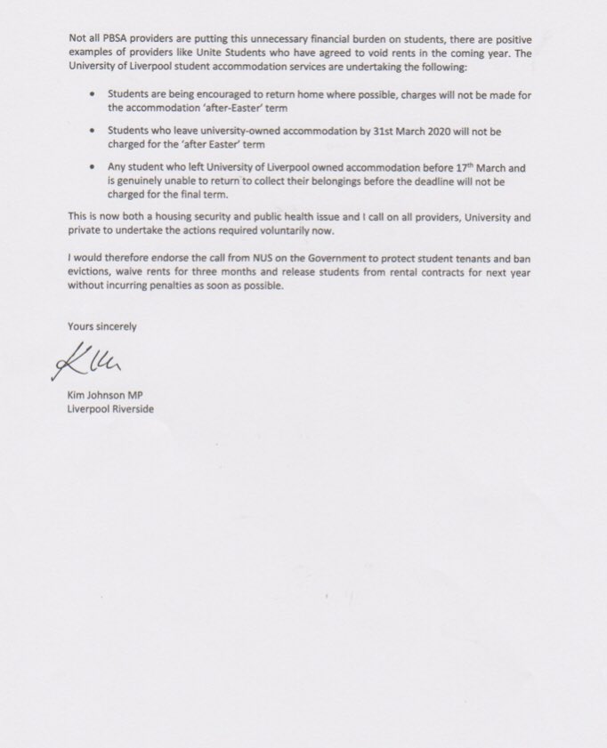 KimJohnsonMP's tweet photo. I have written to @GavinWilliamson and @ChrisPincher on behalf of students in my constituency. Private accommodation providers must be willing to consider early release from tenancy contracts. This will prevent students from facing further debt and anxiety during uncertain times. https://t.co/g0tgYres5a