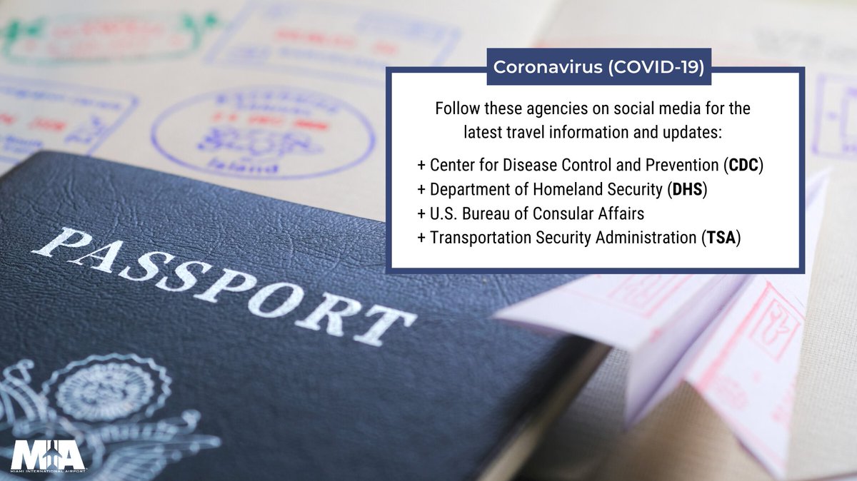 If you’re flying through MIA for essential travel, remember to follow these pages for  #Coronavirus  #COVID19 travel information & updates:   @CDCgov   @DHSgov   @Travelgov   @TSA