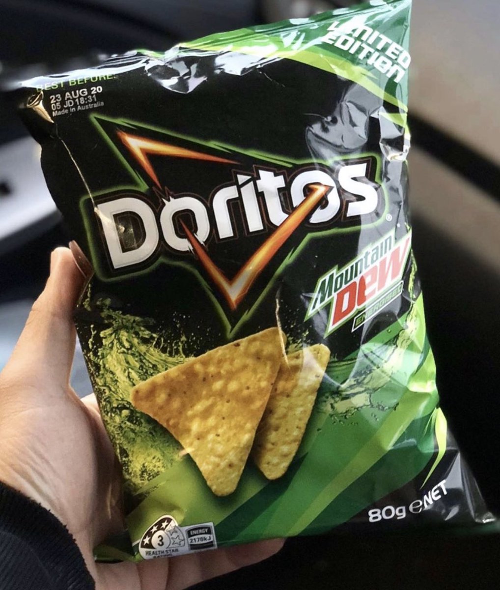 JeffDLowe's tweet photo. Mountain Dew flavored Doritos.

My... word. https://t.co/GKkMzUia7o