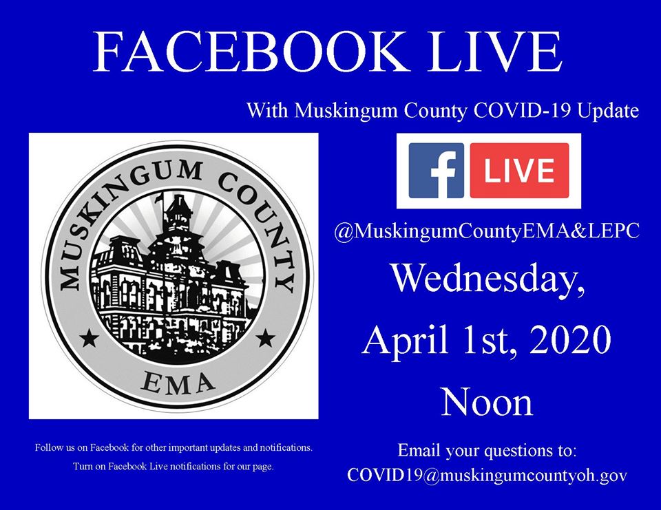 Local questions?  Join this Facebook live tomorrow to have your questions answered!
Please email your questions to: COVID19@muskingumcountyoh.gov. Community leaders will answer your questions tomorrow. <a href="/ScholarshipCent/">Scholarship Central</a> <a href="/AOP20Ohio/">AOP20</a> <a href="/mvesc/">Muskingum Valley ESC</a> <a href="/MuskingumEMA/">Muskingum County EMA</a> <a href="/MuskingumLib/">Muskingum County Library System</a>
