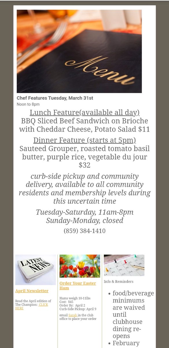 haileecarter2's tweet photo. @AlexaKaye3 2. My local country club is offering service of different pick-up services and delivery to everyone around the community not only people who are “members” of the club. To help supply meals and food to people that are a part of the community.  #ICMKTG #NKU205 https://t.co/J3hJIvdCk0