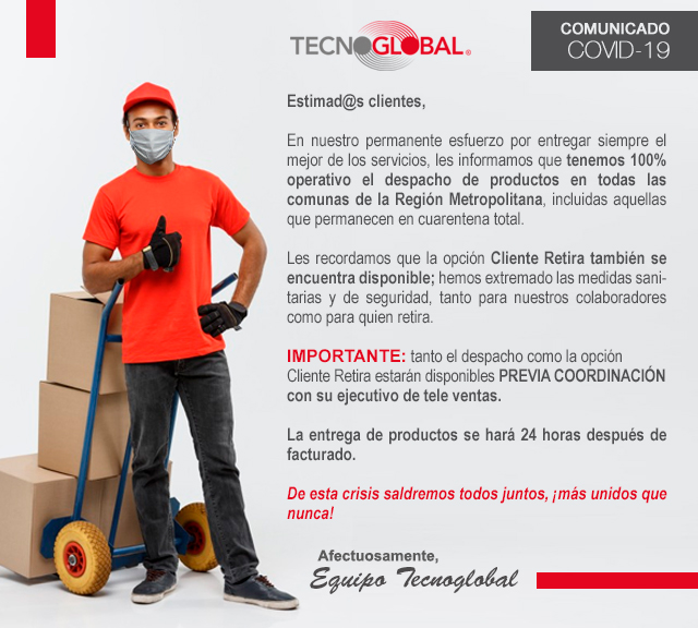 ATENCIÓN CLIENTES: ¡Despachos 100% operativos en toda la RM previa coordinación con su ejecutivo!
#Tecnoglobal #TecnoPartners #DeEstaSalimosJuntos