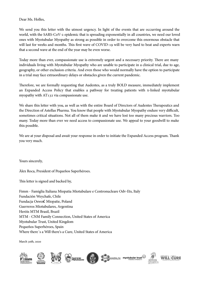 PSuperherois's tweet photo. Patient advocacy groups, representing many families around the world with loved ones suffering from Myotubular Myopathy, have formally requested by letter to @AudentesTx , the company conducting clinical trials for the treatment of XLMTM, that the drug be made available... https://t.co/4OghVVkR6Q