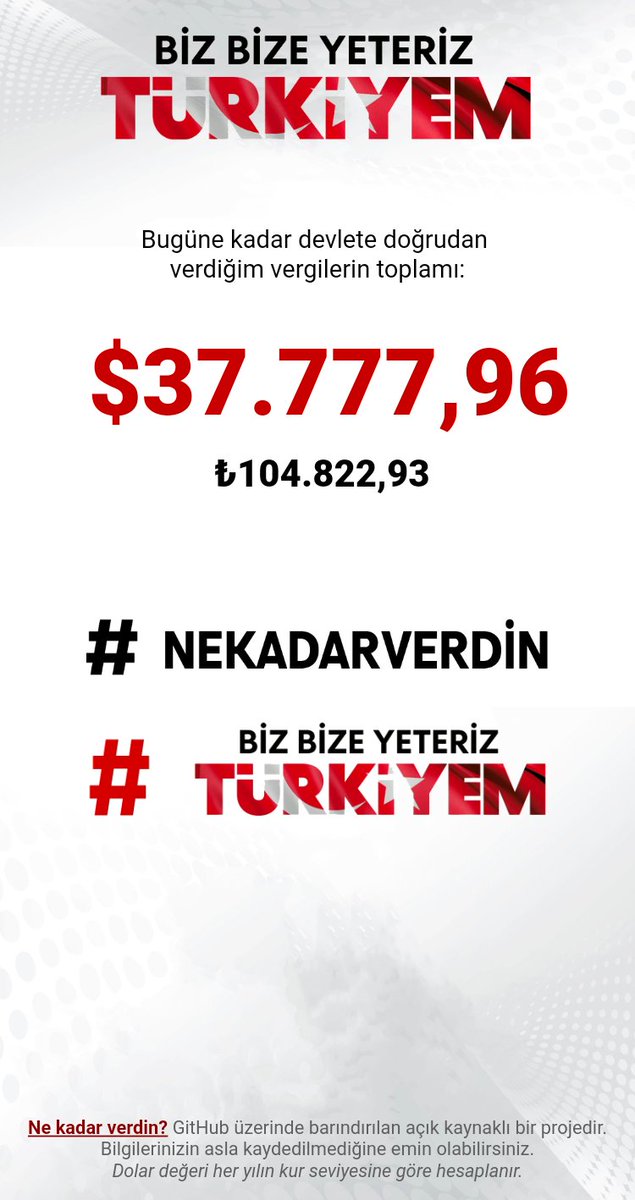 Tam zamanli calistigim 4 sene boyunca turkiye'ye 37780 DOLAR vergi vermisim. Bu sure boyunca ozel saglik sigortam vardi, diyanet hizmetlerinden yararlanmadim. Istanbulun gobeginde yeterince guvenmedigim icin de tasindim. Karsiliksiz bu kadar vermem yeterli mi? #nekadarverdin
