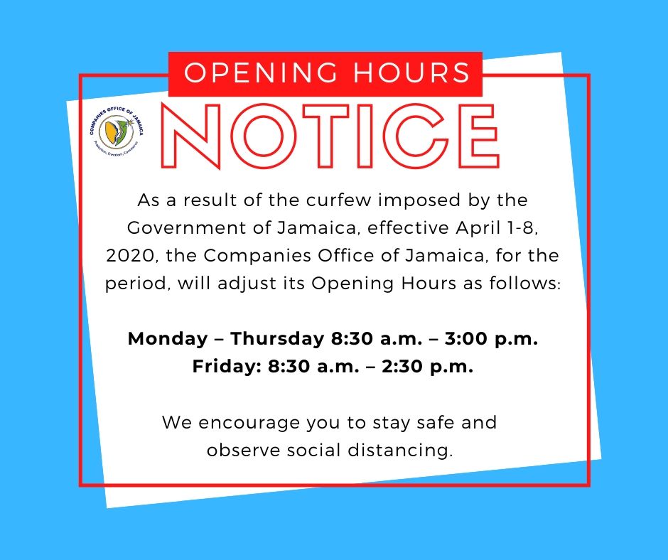 orcjamaica's tweet photo. Please be advised of our opening hours during the period of curfew. Be reminded that you can register your business/company online at https://t.co/mAM8Nq0Le7
#AvoidTheLine #GoOnline #eBRF
#BeSafe #BusinessRegistration https://t.co/pS80172Gt0