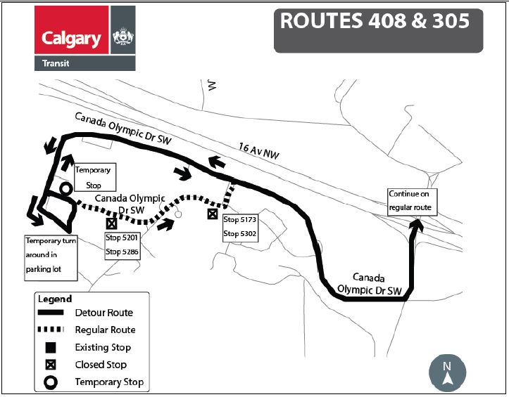 calgarytransit's tweet photo. #CTRiders As of yesterday, Mon Mar 30, until Sun May 31 at end of service, #Route305 & #Route408 will be on detour due to the Winsport closure. Stops #5201#5286 #5173 & #5302 will be closed. Please use the temporary stops provided.
More details here: https://t.co/B64Hr8s9Oe https://t.co/dqsZDkRQ7I