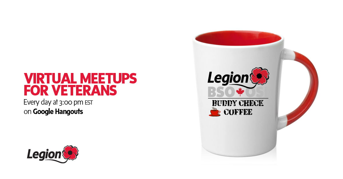 RoyalCdnLegion's tweet photo. Veterans (including serving military @CanadianForces  &amp; @rcmpgrcpolice members): chat and check-in with other Veterans today at 3:00 pm EST on Google Hangouts. Follow this link to join: https://t.co/35Cncjncep #InThisTogether #MyLegion #COVIDCanada https://t.co/FzXgxSWQ5A