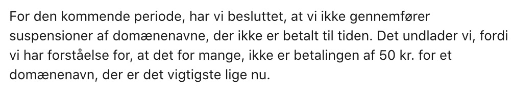 dandomain's tweet photo. @mollerhansen @pitor Det har vi helt sikkert ikke :)

Vi er DanDomain, en hostingudbyder der tilbyder hosting og domæner.

Vi er ikke DK Hostmaster, som står for alle .dk domæner – og som i øvrigt har sat alle suspenderinger af domæner på pause pga. situationen vi alle står i: https://t.co/F7jXwm5HxE