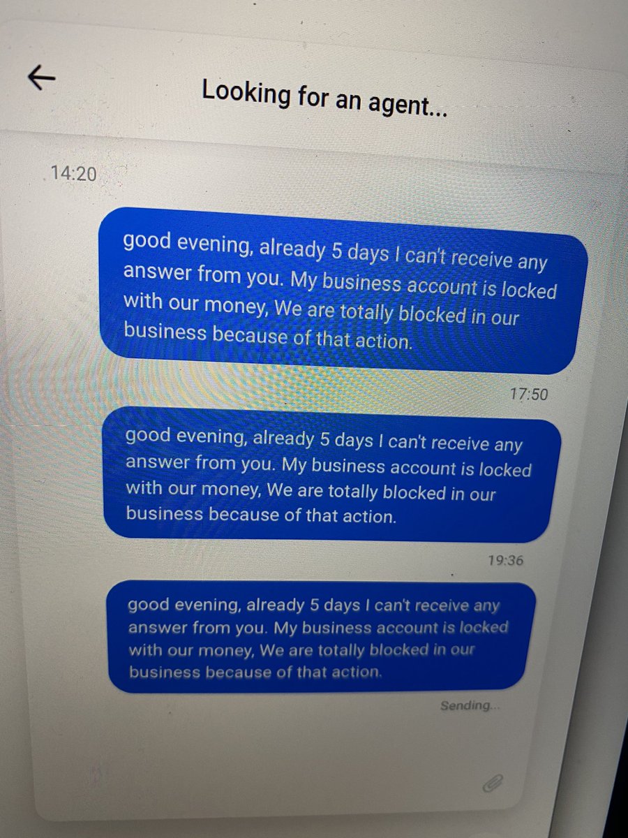 Agadzhan's tweet photo. @RevolutApp 5 days looking for the agent. Revolut has blocked my business account with the money on it and does not answer 5th day. I strongly suggest avoid Revolut and never open an account as I did! Today I could not pay the salaries to the employees because of Revolut. They don’t answer ! https://t.co/tfGhOgA51j