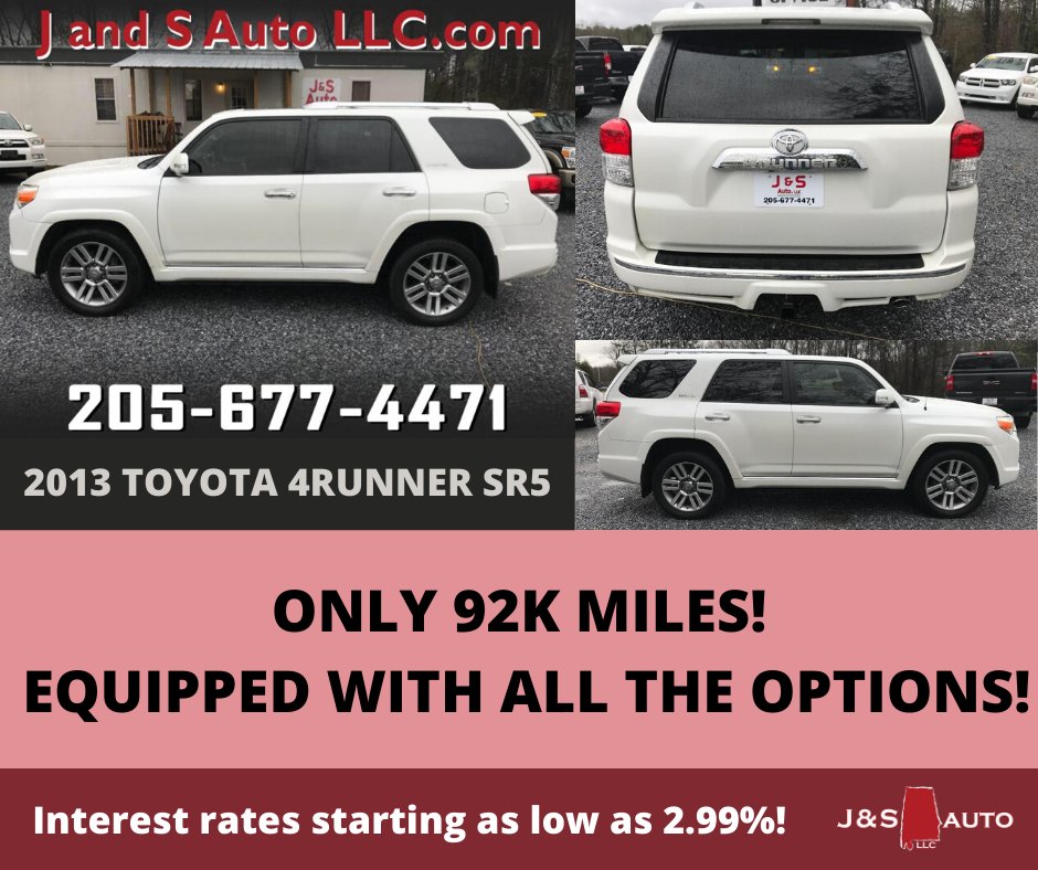 JSAutoLLC's tweet photo. This beauty will not last long! Our 2013 TOYOTA 4RUNNER SR5 is equipped with low miles and all of the options! Come by today to take it for a test drive! Our offices are clean and cleaned throughout the day! 
https://t.co/aRcv3sPG2R
-
-
-
#HooverAL #MountainBrookAL #BrookHighland https://t.co/jQcTtpKd3P