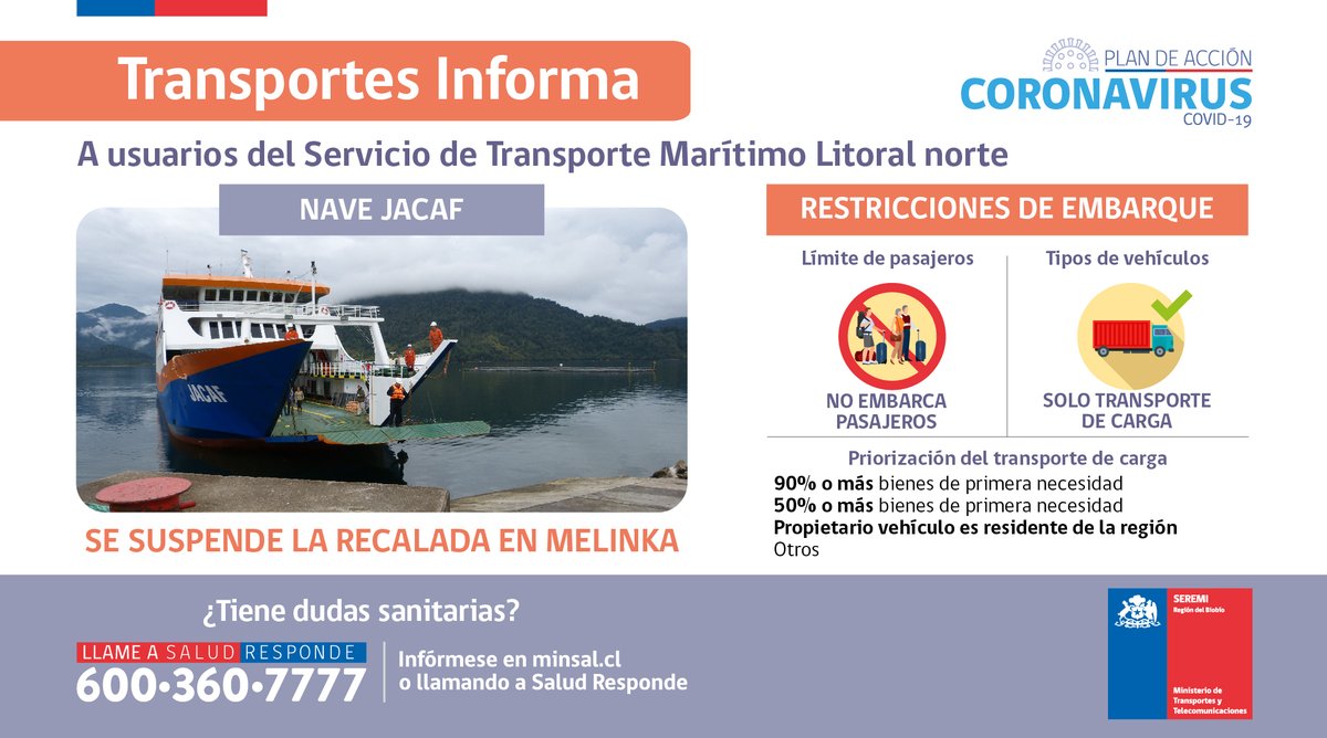MTTAysen's tweet photo. #TransporteInforma #PlanCoronavirus
La Jefatura de Defensa Nacional #Aysén, anuncia nuevas medidas a aplicar en operación de nave #Jacaf que suspenderá recalada en Melinka en los tramos Quellón - Puerto Cisnes 17 hrs. y Puerto Cisnes - Quellón 07 hrs.
#CuidémonosEntreNosotros https://t.co/13h6aGVK7n
