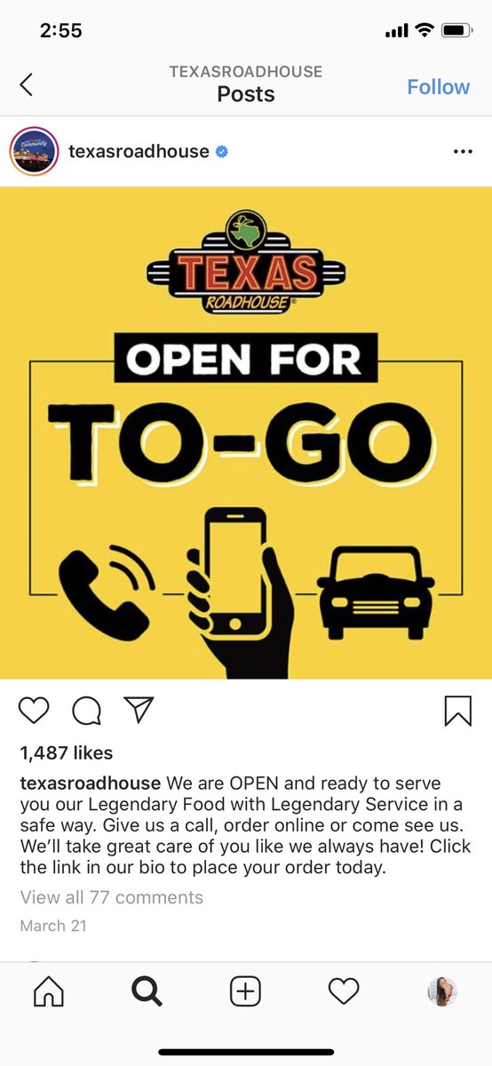 RTesarck's tweet photo. @LaurelAynne The advice I would give is to keep posting and updating your customers on what the business is doing during this difficult time. Texas Roadhouse for example is doing well and using takeout and posting specific specials on social media. #ICMKTG #WVU389 https://t.co/kv3LRCsE8f