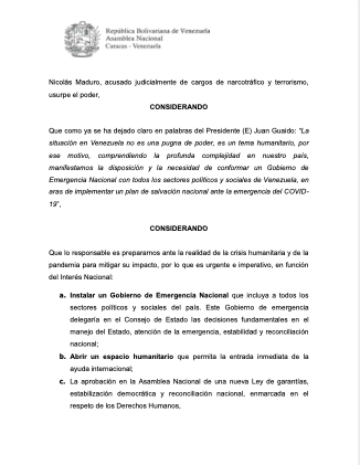 AsambleaVE's tweet photo. #31Mar | Proyecto de acuerdo para un Plan de Emergencia y conformación de un Gobierno de Emergencia Nacional (1/2) https://t.co/g2ijqu6Sd3