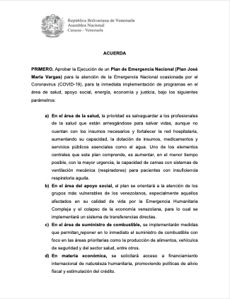 AsambleaVE's tweet photo. #31Mar | Proyecto de acuerdo para un Plan de Emergencia y conformación de un Gobierno de Emergencia Nacional (2/2) https://t.co/uQZJPE3Zn6