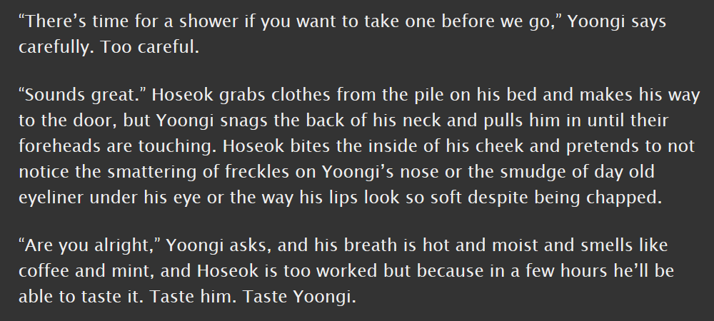 sope, e, 37.7k || canon compliant, angst, infidelity, yoongi asks hobi to have a threesome with him and his girlfriend || they treat each other badly and it hurts but it's GOOD  https://archiveofourown.org/works/10987344/ 