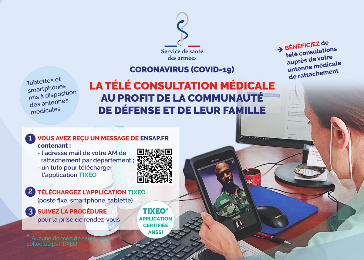 santearmees's tweet photo. Comment puis-je avoir une consultation médicale en tant que militaire, civil de la défense ou membre de la famille militaire en cette période #COVID2019 ? Dans chaque antenne médicale est mise en place la téléconsultation. Votre médecin d'unité est toujours à vos côtés https://t.co/atw9Krhgfe